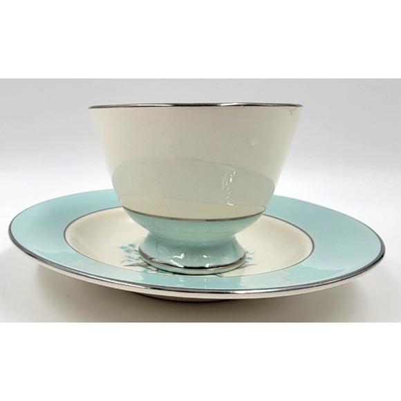 Sevron Powder Blue Lace Tea Coffee Cup Saucer Silver Trim 1950's Set of 2 - Picture 13 of 16